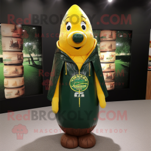 Forest Green Bottle Of Mustard mascot costume character dressed with a Leather Jacket and Shawl pins