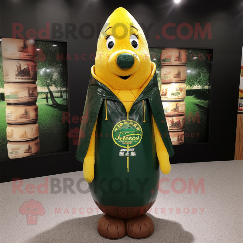 Forest Green Bottle Of Mustard mascot costume character dressed with a Leather Jacket and Shawl pins