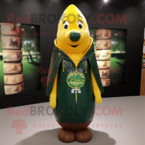Forest Green Bottle Of Mustard mascot costume character dressed with a Leather Jacket and Shawl pins