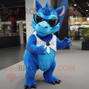 Blue Triceratops mascot costume character dressed with a Sheath Dress and Eyeglasses