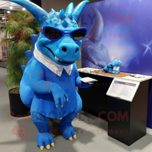 Blue Triceratops mascot costume character dressed with a Sheath Dress and Eyeglasses