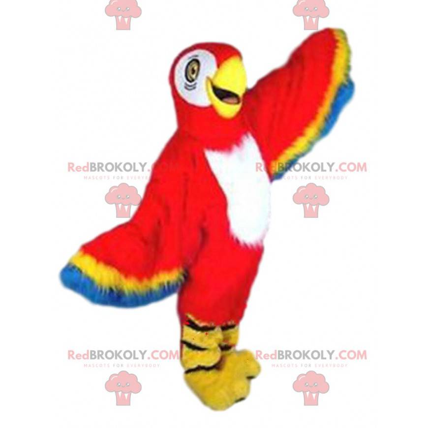 Mascote papagaio vermelho, amarelo e azul, pássaro exótico -