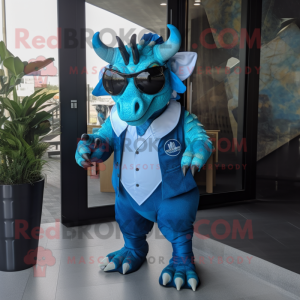 Blue Triceratops mascot costume character dressed with a Sheath Dress and Eyeglasses