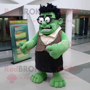 Olive Frankenstein mascot costume character dressed with a Dress Shirt and Reading glasses