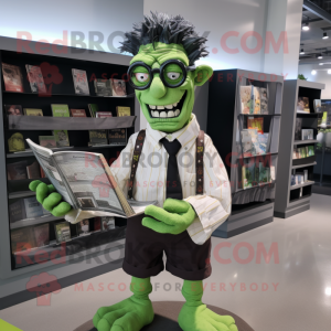 Olive Frankenstein mascot costume character dressed with a Dress Shirt and Reading glasses