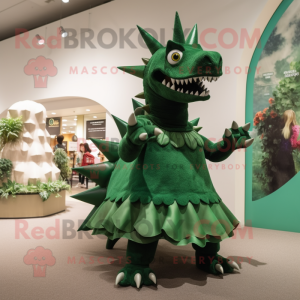 Forest Green Stegosaurus mascot costume character dressed with a A-Line Dress and Shoe clips