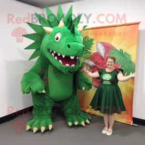 Forest Green Stegosaurus mascot costume character dressed with a A-Line Dress and Shoe clips