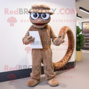 Brown Snake mascot costume character dressed with a Dungarees and Reading glasses