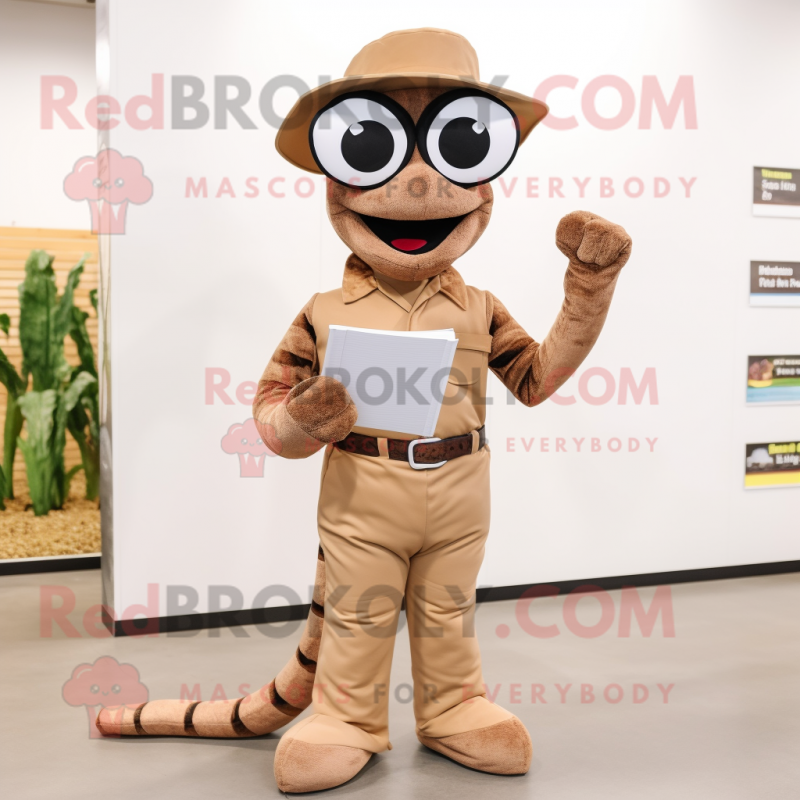 Brown Snake mascot costume character dressed with a Dungarees and Reading glasses