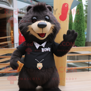 Black Beaver mascot costume character dressed with a Pencil Skirt and Lapel pins