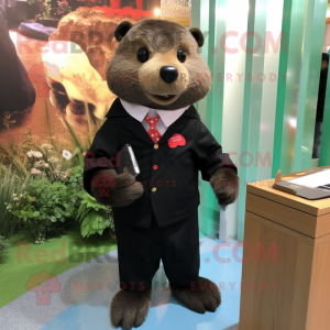 Black Beaver mascot costume character dressed with a Pencil Skirt and Lapel pins