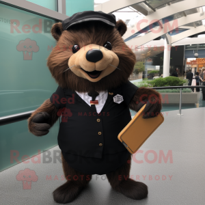 Black Beaver mascot costume character dressed with a Pencil Skirt and Lapel pins