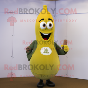 Olive Bottle Of Mustard mascot costume character dressed with a Henley Shirt and Rings