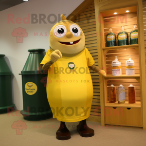 Olive Bottle Of Mustard mascot costume character dressed with a Henley Shirt and Rings