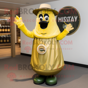 Olive Bottle Of Mustard mascot costume character dressed with a Henley Shirt and Rings