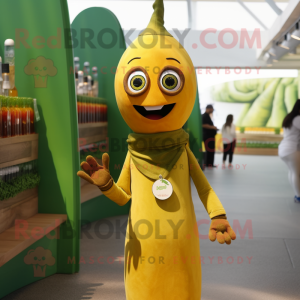 Olive Bottle Of Mustard mascot costume character dressed with a Henley Shirt and Rings