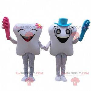 2 mascottes van witte tanden, paar gigantische tanden -