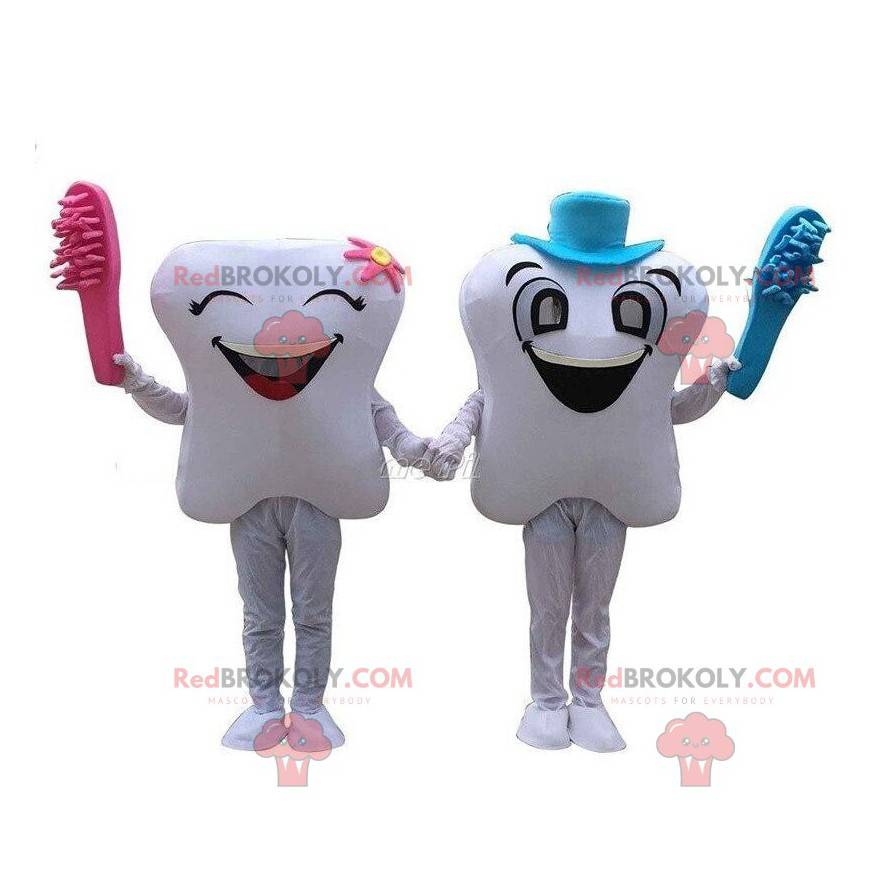 2 mascotes de dentes brancos, alguns dentes gigantes -