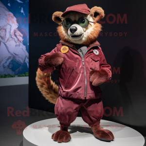 Maroon Lemur mascot costume character dressed with a Bomber Jacket and Shoe laces