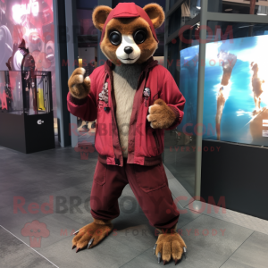 Maroon Lemur mascot costume character dressed with a Bomber Jacket and Shoe laces