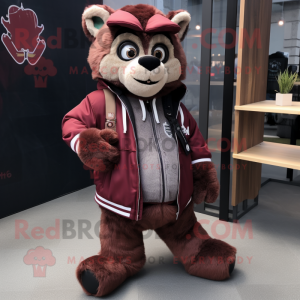 Maroon Lemur mascot costume character dressed with a Bomber Jacket and Shoe laces
