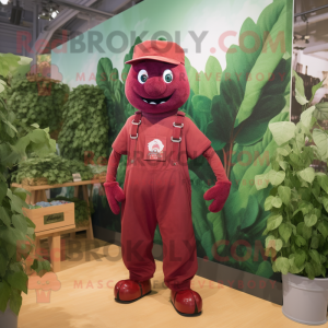 Maroon Spinach mascot costume character dressed with a Dungarees and Cufflinks