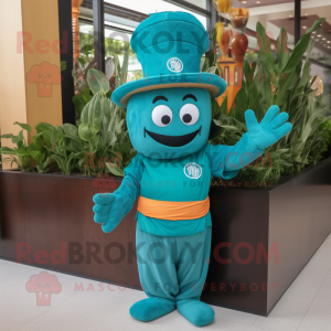 Teal Pad Thai mascot costume character dressed with a Long Sleeve Tee and Hats