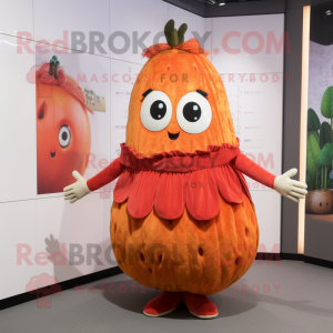 Rust Melon mascot costume character dressed with a Shift Dress and Hair clips