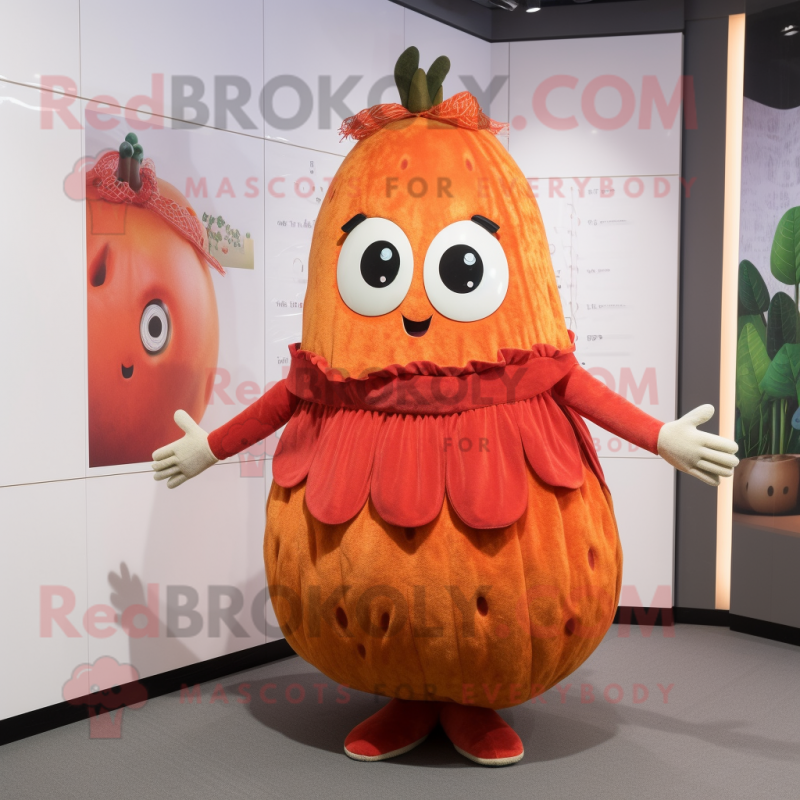 Rust Melon mascot costume character dressed with a Shift Dress and Hair clips