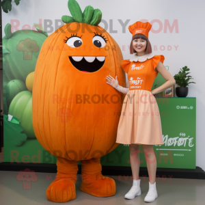 Rust Melon mascot costume character dressed with a Shift Dress and Hair clips