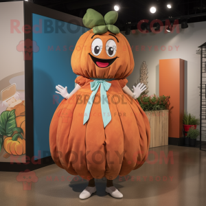 Rust Melon mascot costume character dressed with a Shift Dress and Hair clips