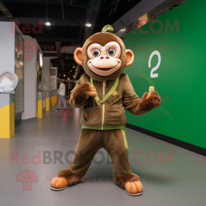 Olive Monkey mascot costume character dressed with a Jumpsuit and Shoe laces