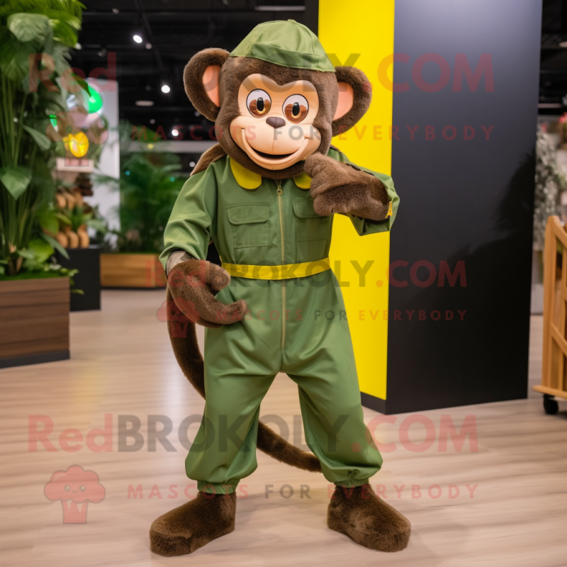 Olive Monkey mascot costume character dressed with a Jumpsuit and Shoe laces