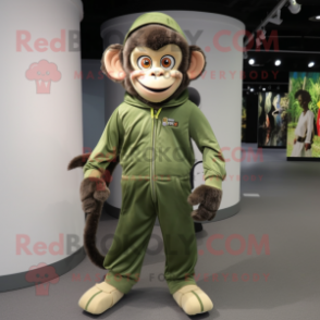 Olive Monkey mascot costume character dressed with a Jumpsuit and Shoe laces