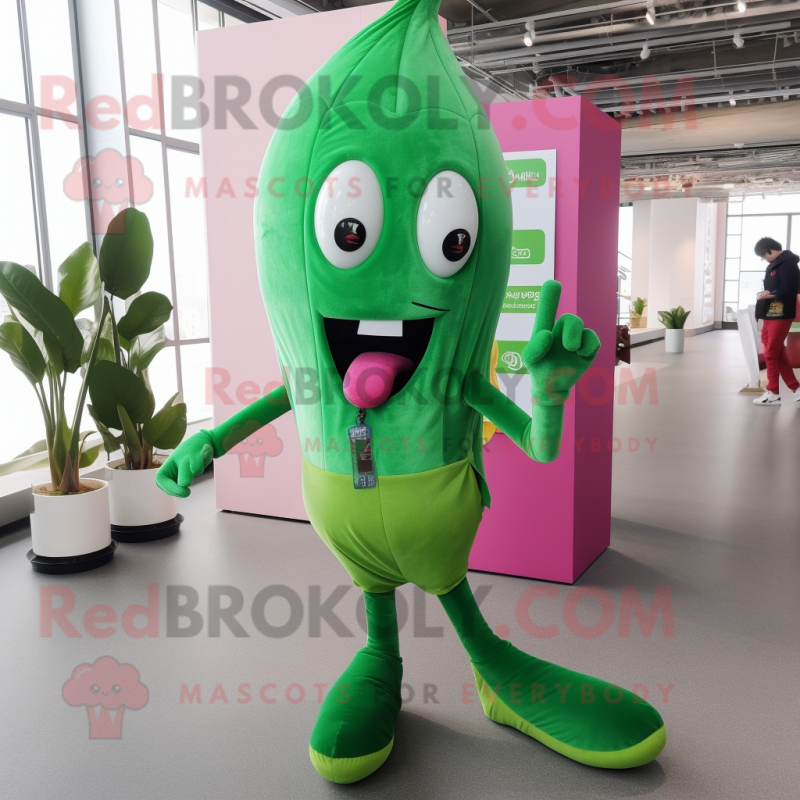 Magenta Green Bean mascot costume character dressed with a Skinny Jeans and Hair clips Magenta Green Bean mascot costume character dressed with a Skinny Jeans and Hair clips