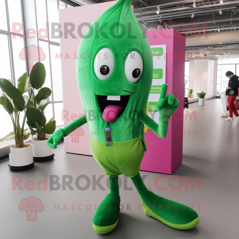 Magenta Green Bean mascot costume character dressed with a Skinny Jeans and Hair clips