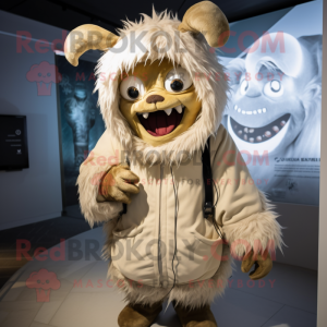 Beige Demon mascot costume character dressed with a Parka and Necklaces