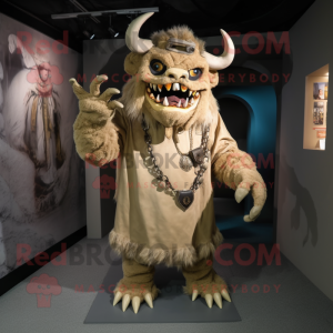 Beige Demon mascot costume character dressed with a Parka and Necklaces