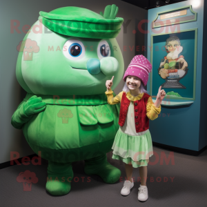 Green Treasure Chest mascot costume character dressed with a Mini Dress and Beanies