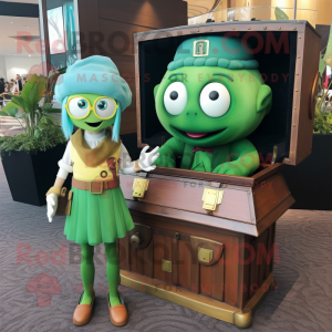 Green Treasure Chest mascot costume character dressed with a Mini Dress and Beanies