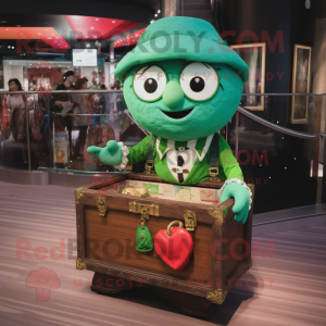 Green Treasure Chest mascot costume character dressed with a Mini Dress and Beanies