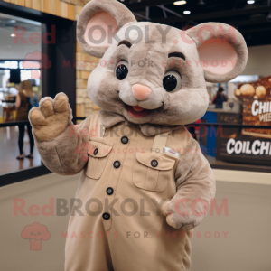 Tan Chinchilla mascot costume character dressed with a Button-Up Shirt and Gloves