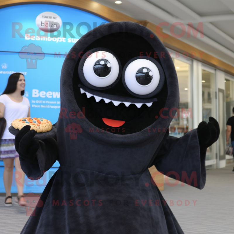 Black Bagels mascot costume character dressed with a One-Piece Swimsuit and Shawls Black Bagels mascot costume character dressed with a One-Piece Swimsuit and Shawls