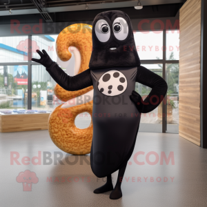 Black Bagels mascot costume character dressed with a One-Piece Swimsuit and Shawls