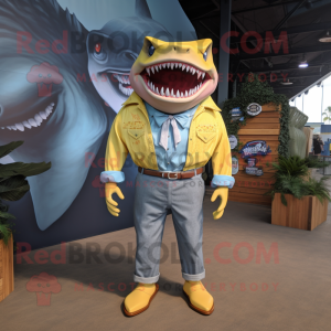 Lemon Yellow Megalodon mascot costume character dressed with a Denim Shirt and Bow ties