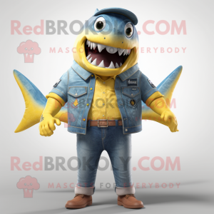Lemon Yellow Megalodon mascot costume character dressed with a Denim Shirt and Bow ties