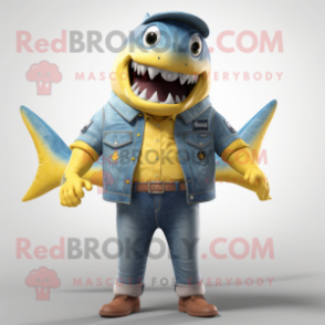Lemon Yellow Megalodon mascot costume character dressed with a Denim Shirt and Bow ties