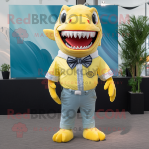 Lemon Yellow Megalodon mascot costume character dressed with a Denim Shirt and Bow ties