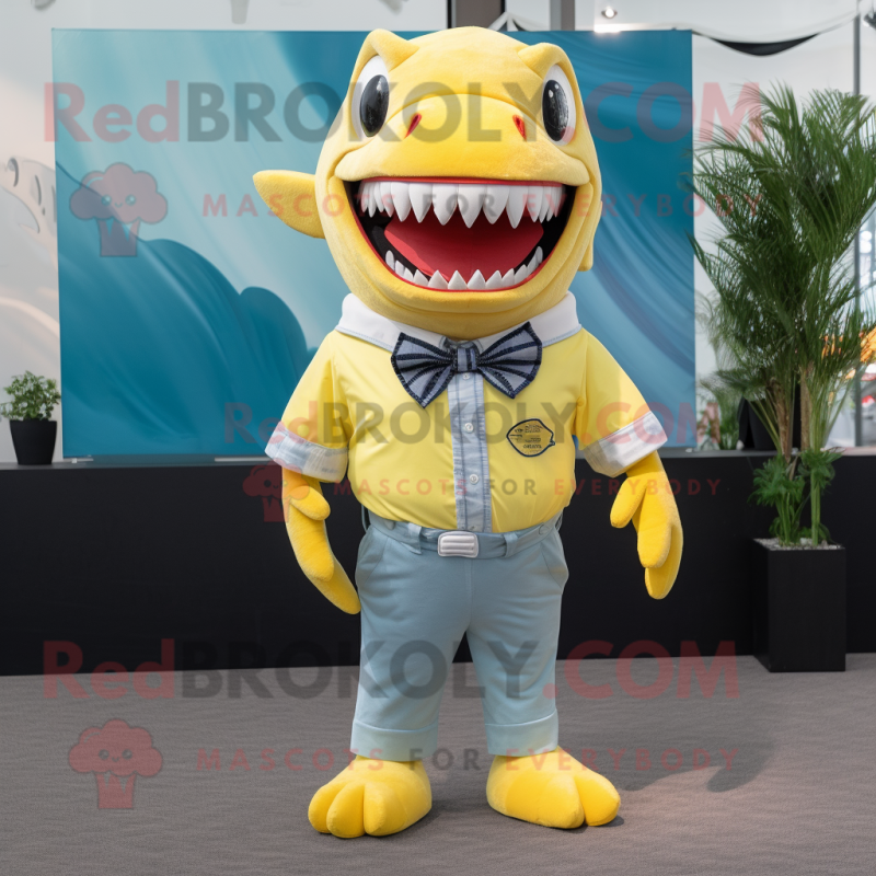 Lemon Yellow Megalodon mascot costume character dressed with a Denim Shirt and Bow ties Lemon Yellow Megalodon mascot costume character dressed with a Denim Shirt and Bow ties