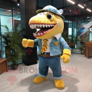 Lemon Yellow Megalodon mascot costume character dressed with a Denim Shirt and Bow ties